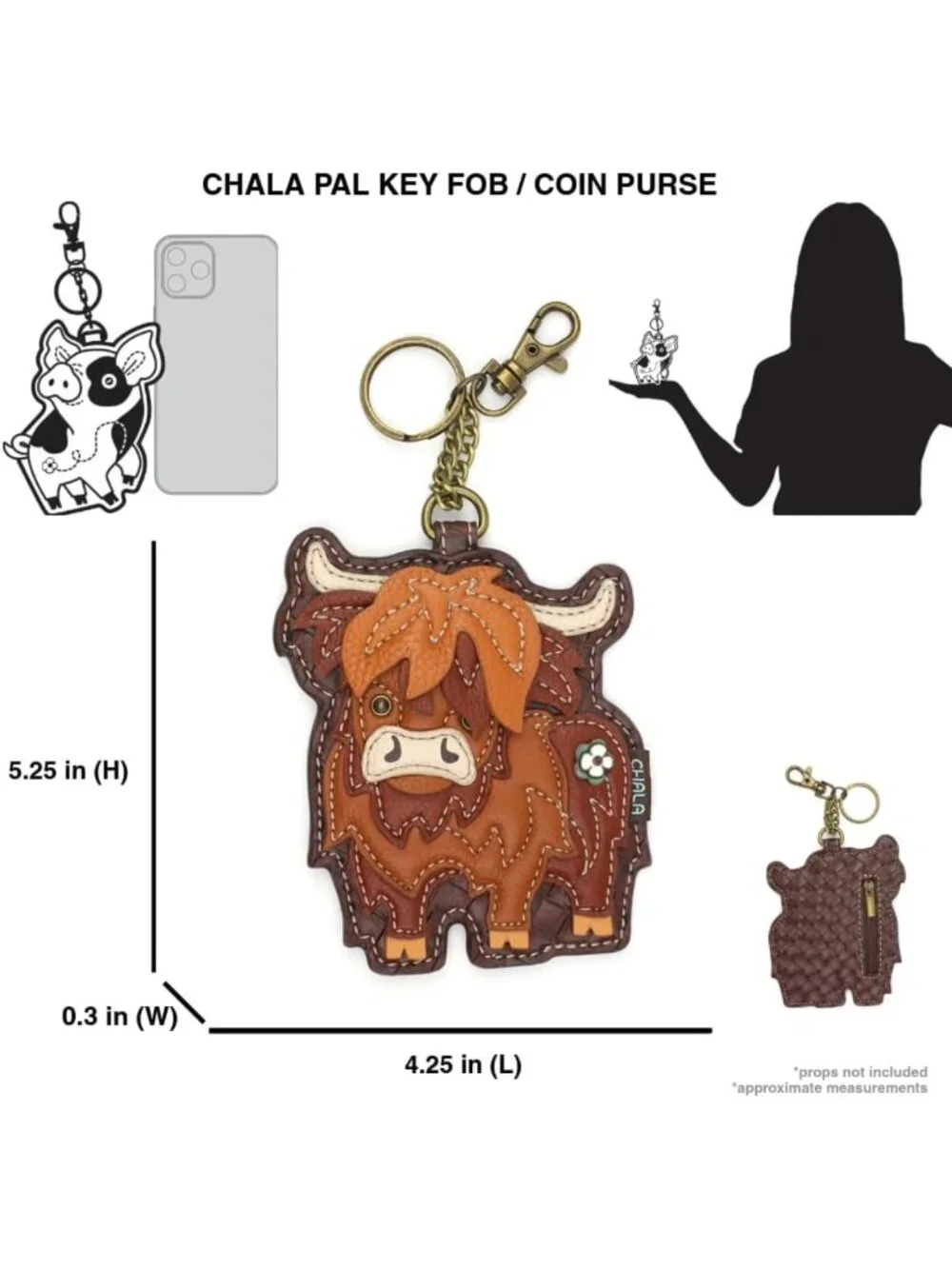 Farm Collection Women's Decorative Key Fob & Coin Purse - Highland Cow Design